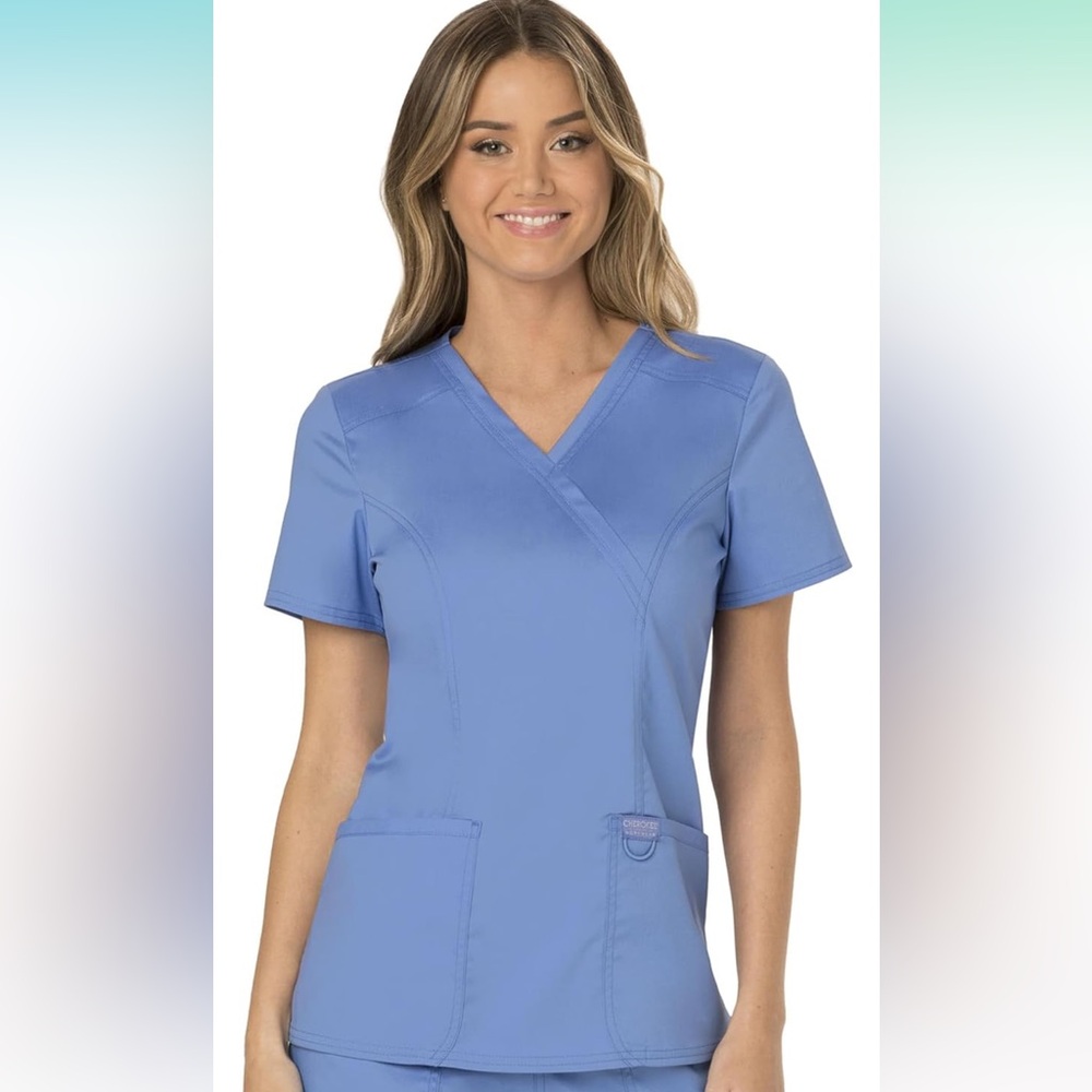 CHEROKEE Workwear Revolution Mock Wrap Scrub Top, M, Ciel Blue